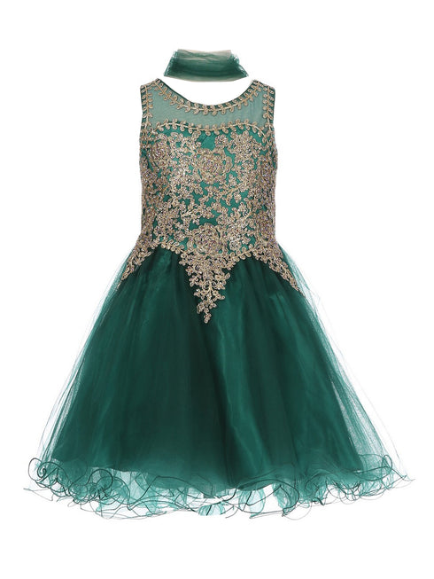 Girls Hunter Green Gold Trim Wire Tulle Flower Girl Junior Bridesmaid Dress 4-20